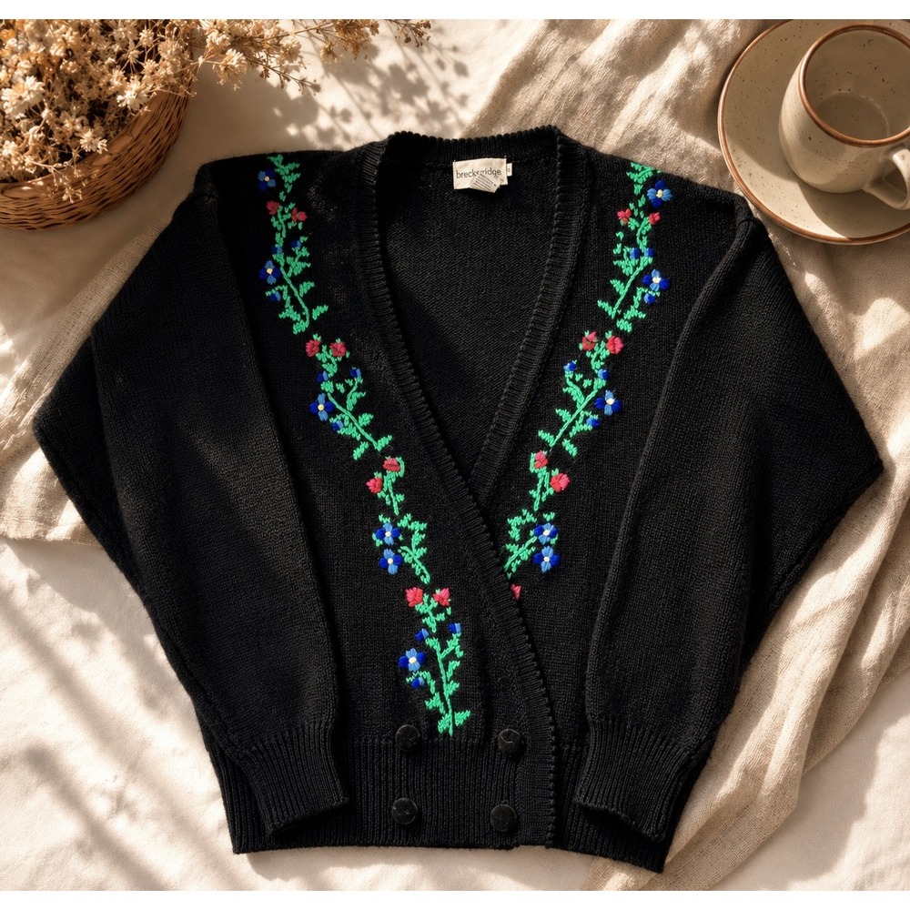 Breckenridge Vintage Black Floral Embroidered Wool Blend Cardigan Sweater Mens M